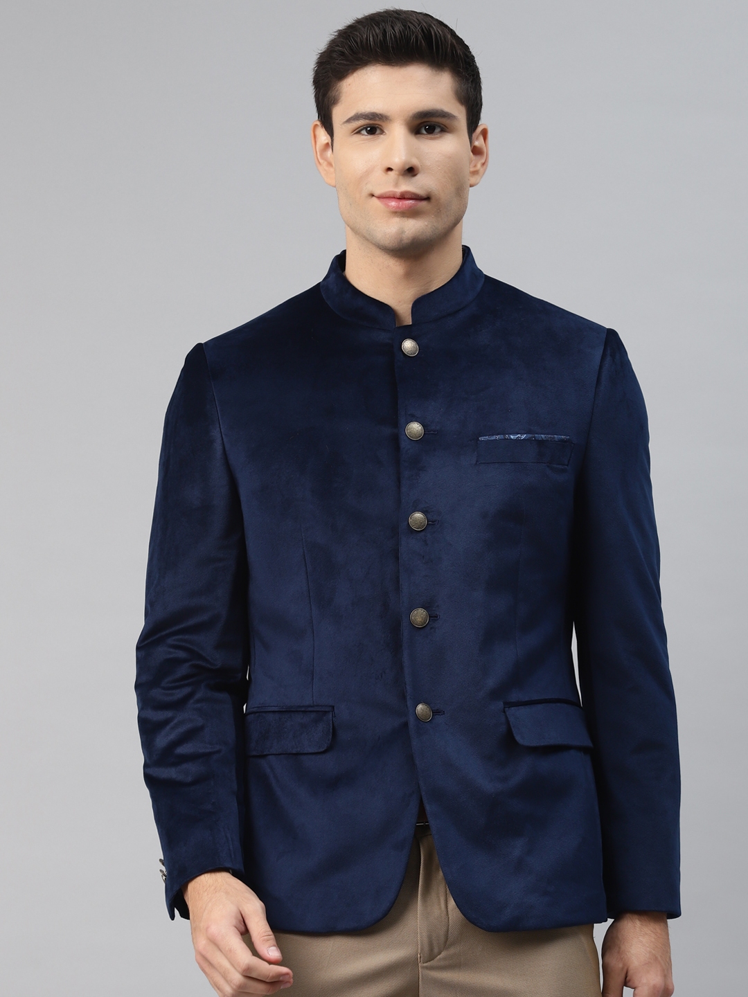 Buy Marks & Spencer Men Navy Blue Solid Bandhgala Blazer - Blazers for ...