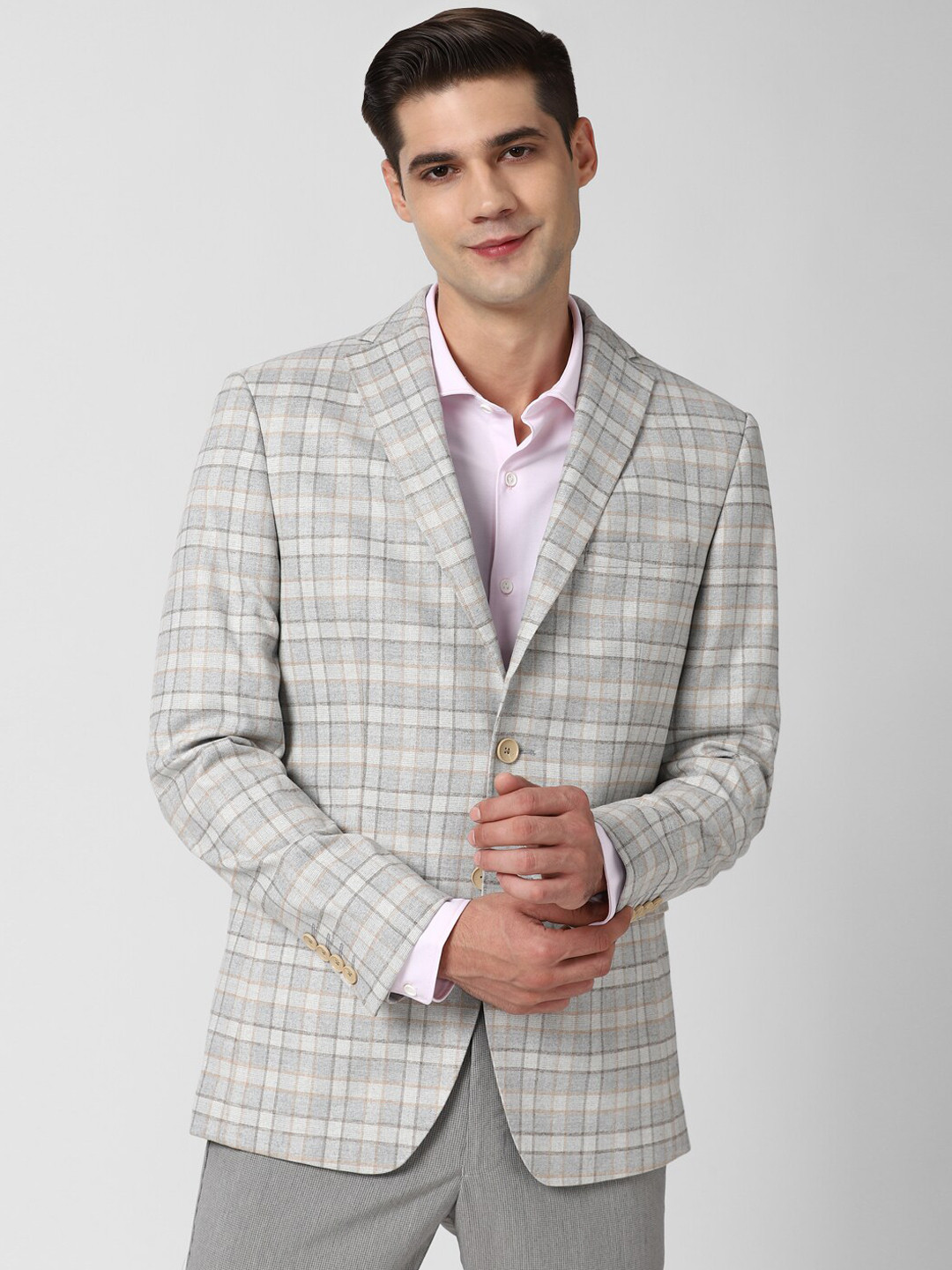 Buy Peter England Elite Men Grey & Beige Checked Slim Fit Single