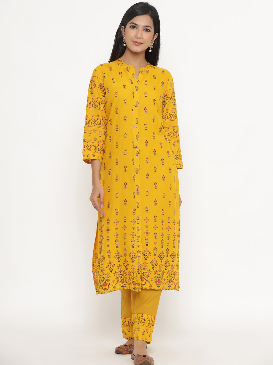 Buy ANAISA Women Mustard Yellow Printed Kurti With Trousers Kurta