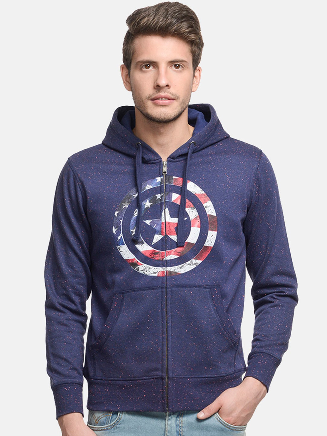Buy Free Authority Men Navy Blue Civil War Printed Hooded Sweatshirt