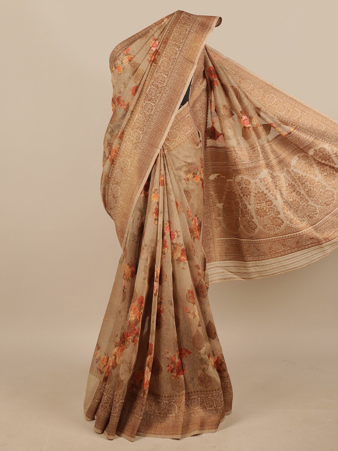 Buy Pothys Tan & Yellow Floral Jute Silk Saree Sarees for Women
