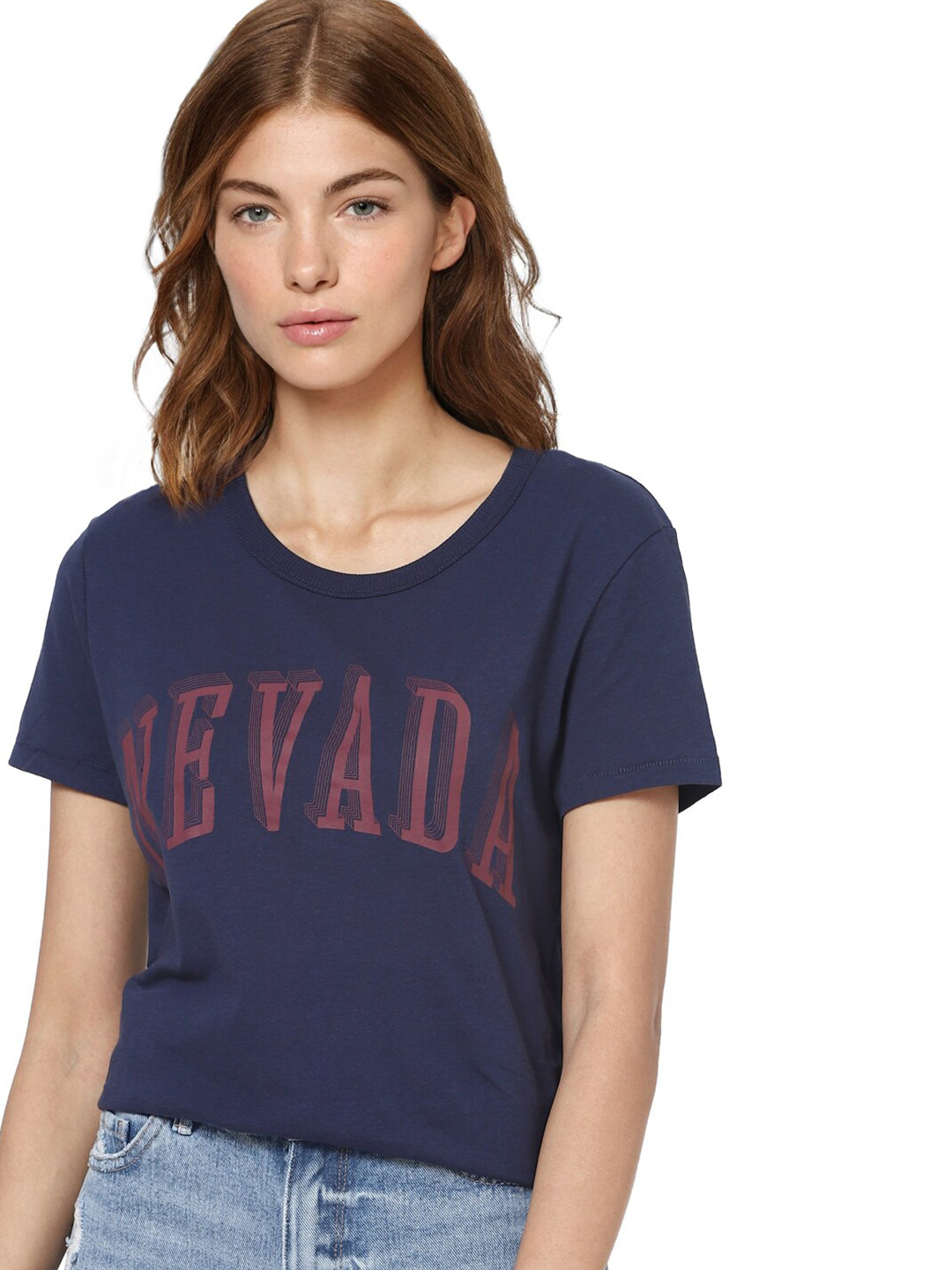 Buy ONLY Women Navy Blue Typography Printed T Shirt - Tshirts for Women ...