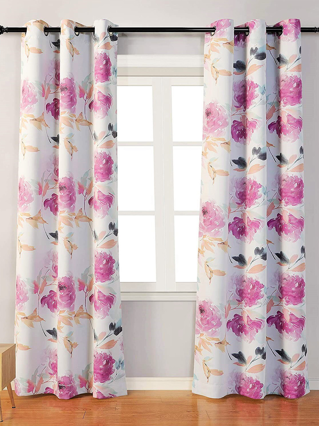 Buy URBAN SPACE Set Of 2 Pink Floral Long Door Curtains Curtains And