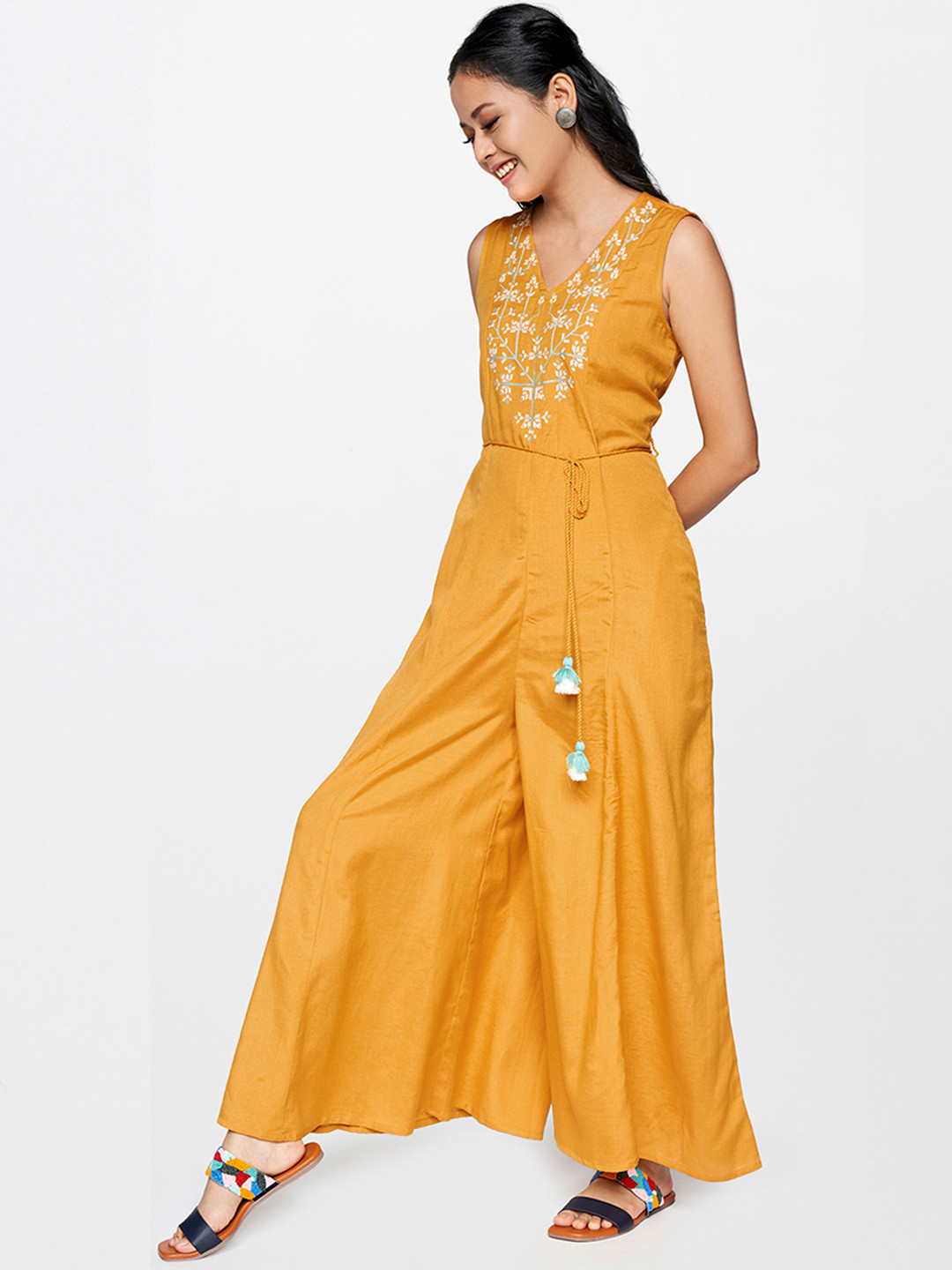 Buy Global Desi Women Mustard & White Printed Basic Jumpsuit Jumpsuit