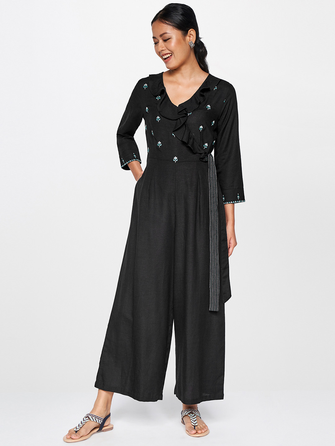 Buy Global Desi Women Black Printed V Neck Basic Jumpsuit With Waist