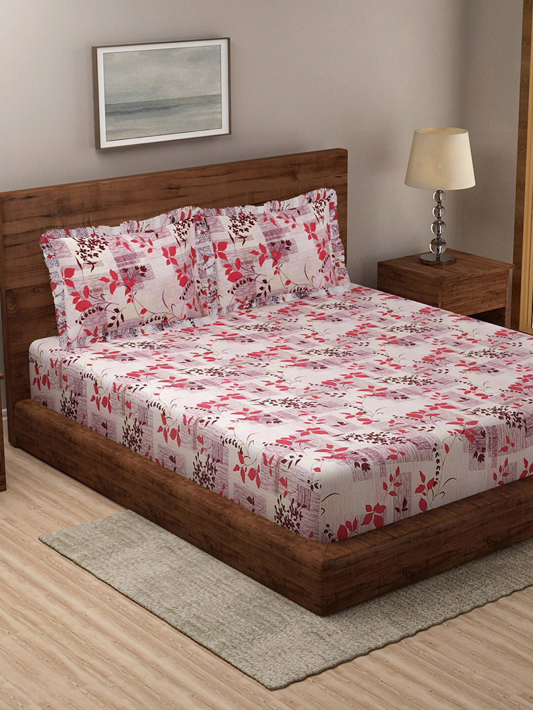 Buy Klotthe Red Floral Pure Cotton Double Bed Sheet With 2 Frill Pillow