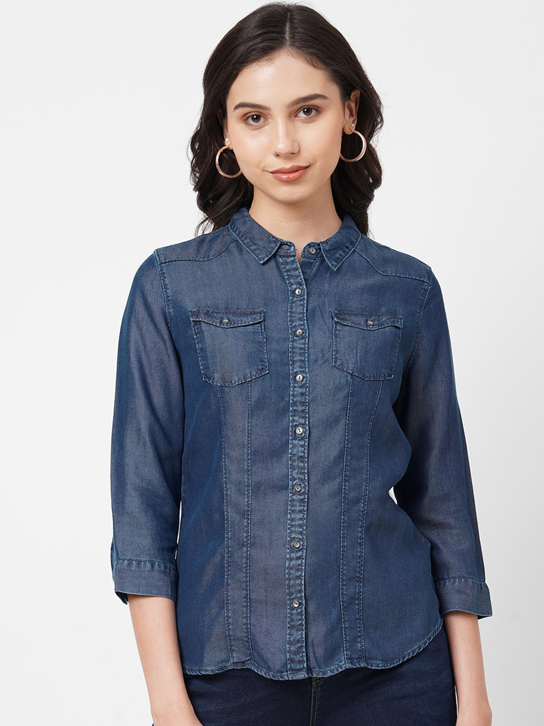 Buy Kraus Jeans Women Blue Opaque Faded Casual Denim Shirt Shirts for