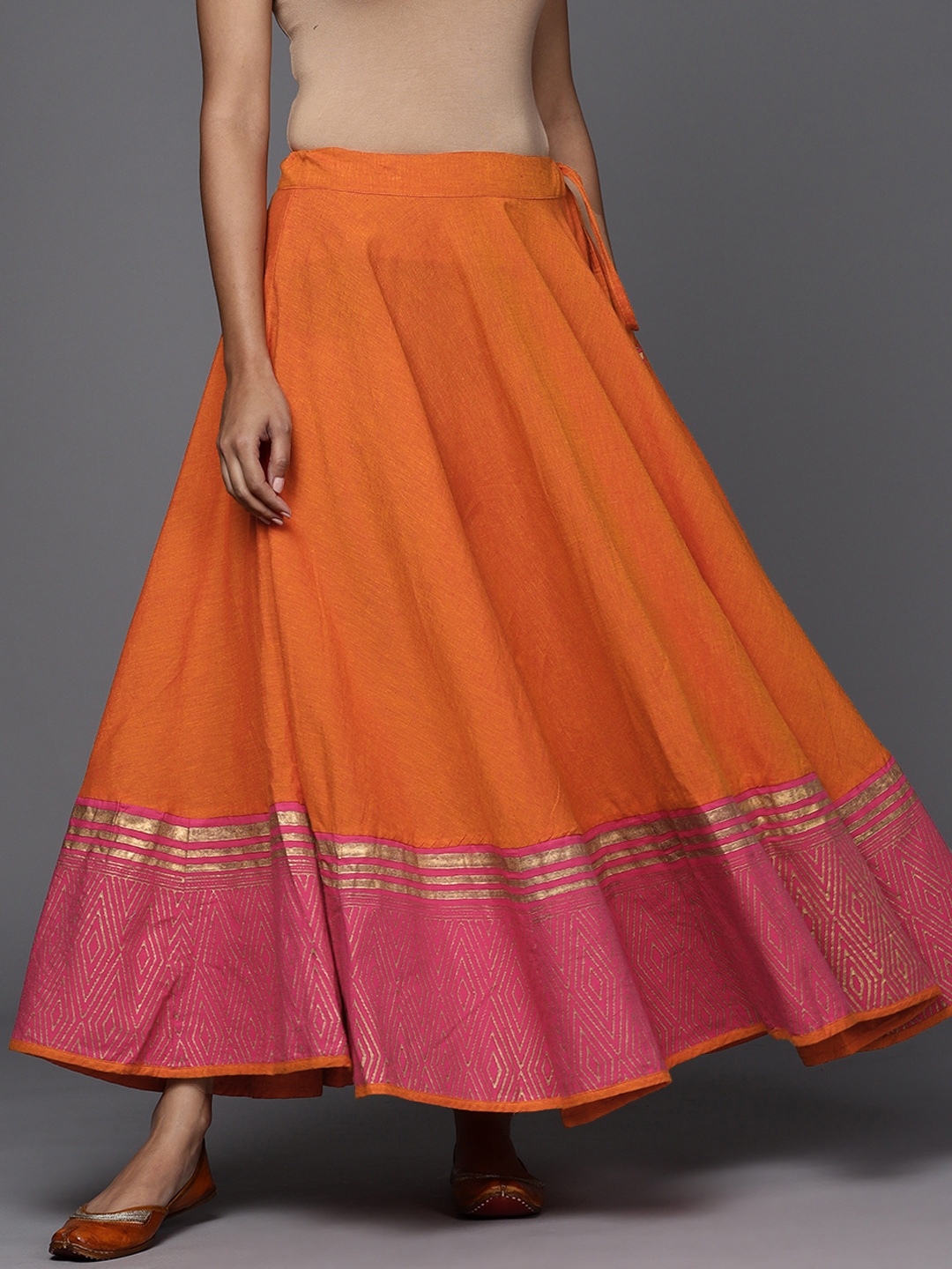 Buy Fabindia Women Orange & Pink Cotton Hand Block Print Maxi Flared