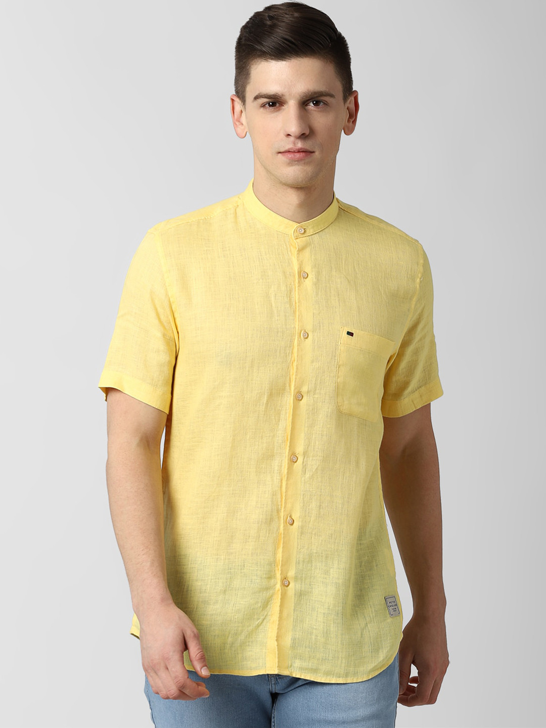 Buy Peter England Casuals Men Yellow Slim Fit Opaque Linen Casual Shirt