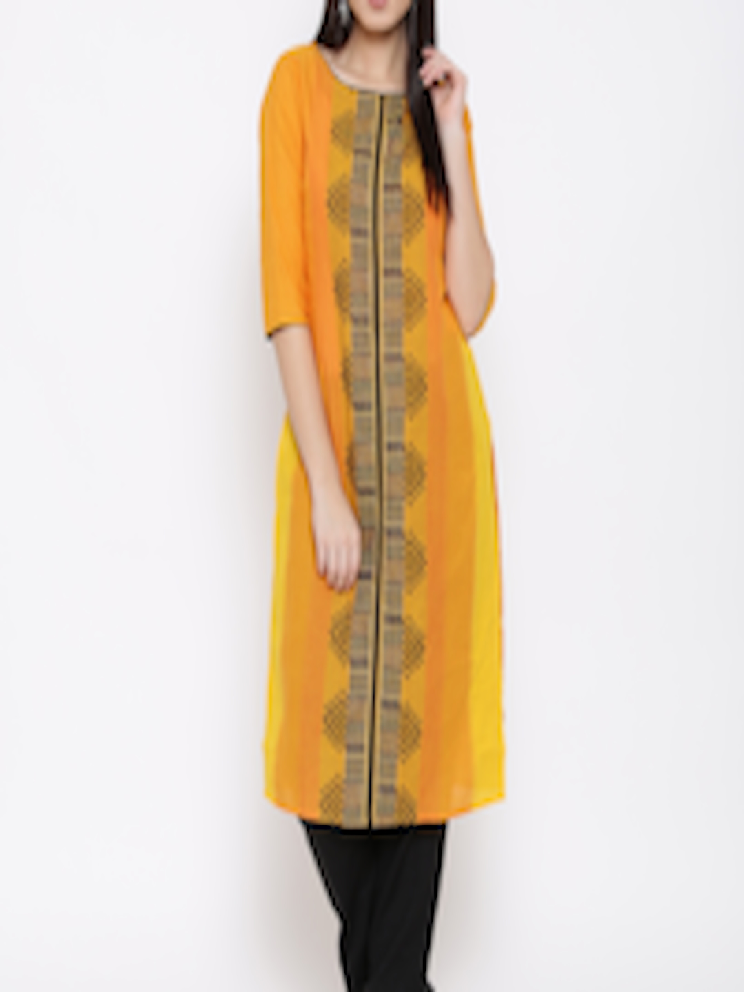 Buy AURELIA Women Orange Woven Design Straight Kurta - Kurtas for Women ...