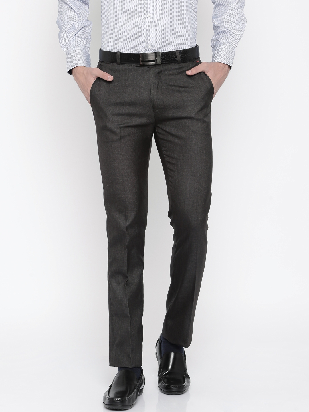 Buy PERCH Men Charcoal Grey Self Design Fit Flat Front Formal Trousers ...