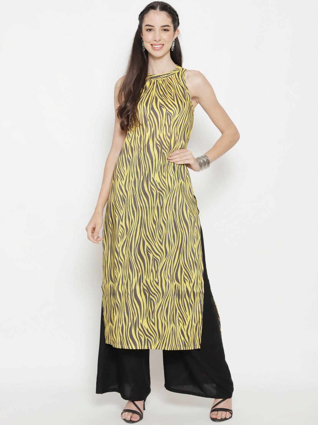 Buy Luni Women Yellow & Brown Animal Printed Halter Neck Kurta Kurtas for Women 15688564 Myntra