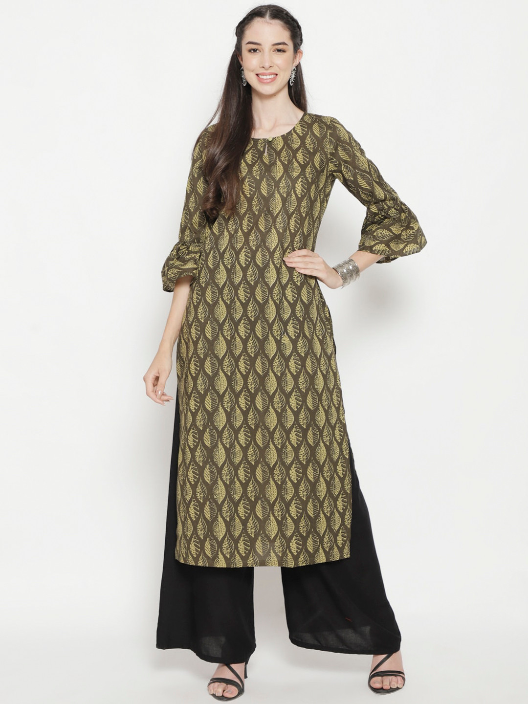 Buy Luni Women Green Flared Sleeves Mirror Work Kurta Kurtas for