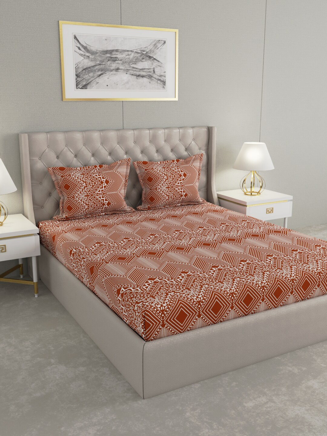 Buy Raymond Home Red & White Ethnic Motifs 104 TC Queen Bedsheet With 2