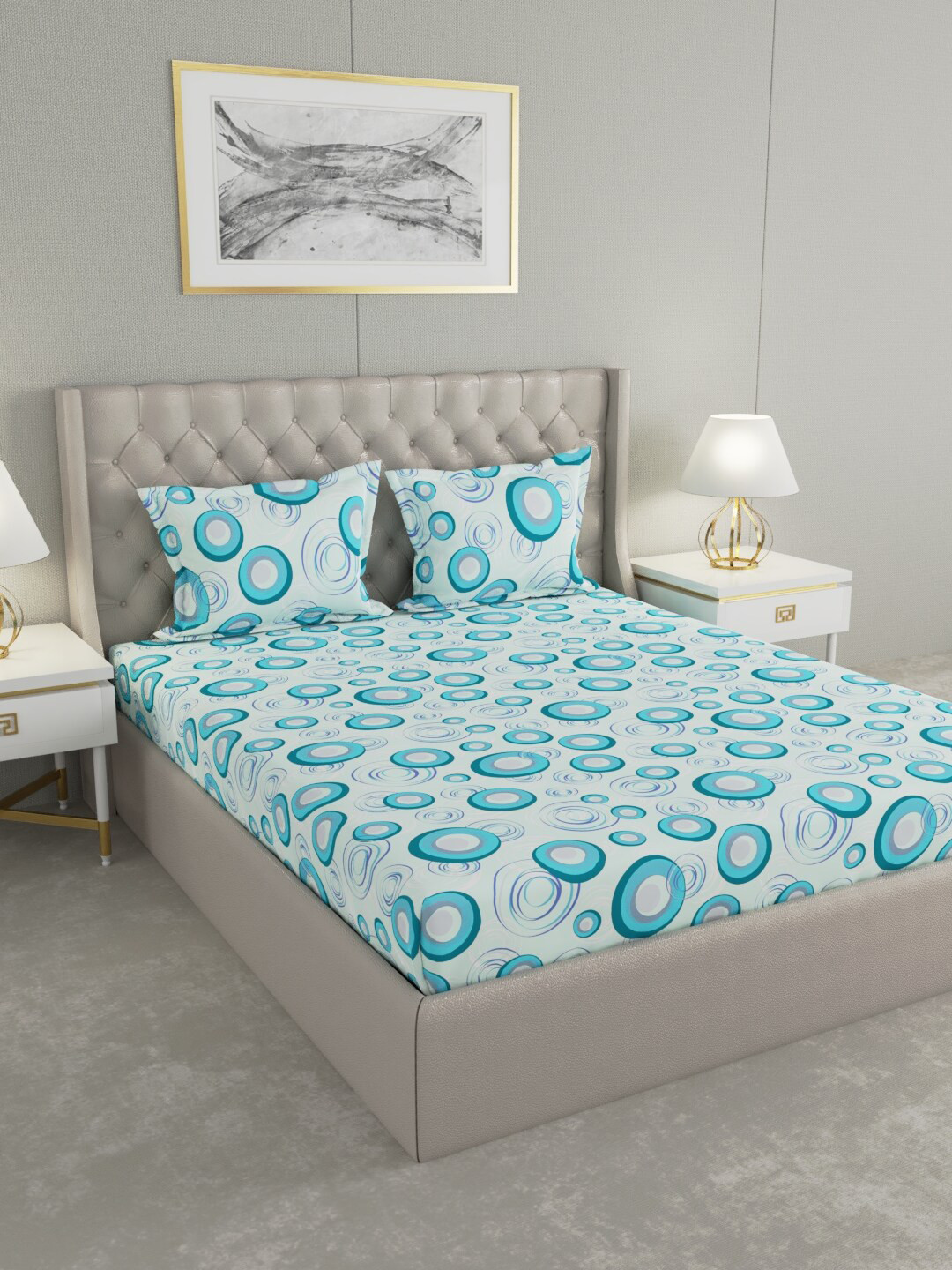 Buy Raymond Home Blue Geometric 104 TC Queen Bedsheet With 2 Pillow