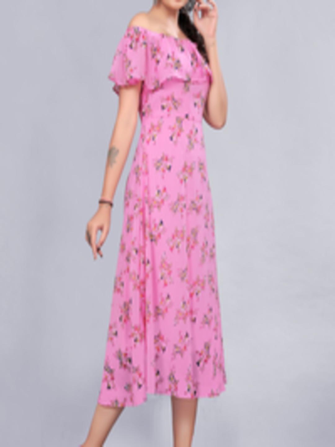 Buy Rizzly Pink Floral Off Shoulder Georgette Midi Dress - Dresses for Women 15694894 | Myntra