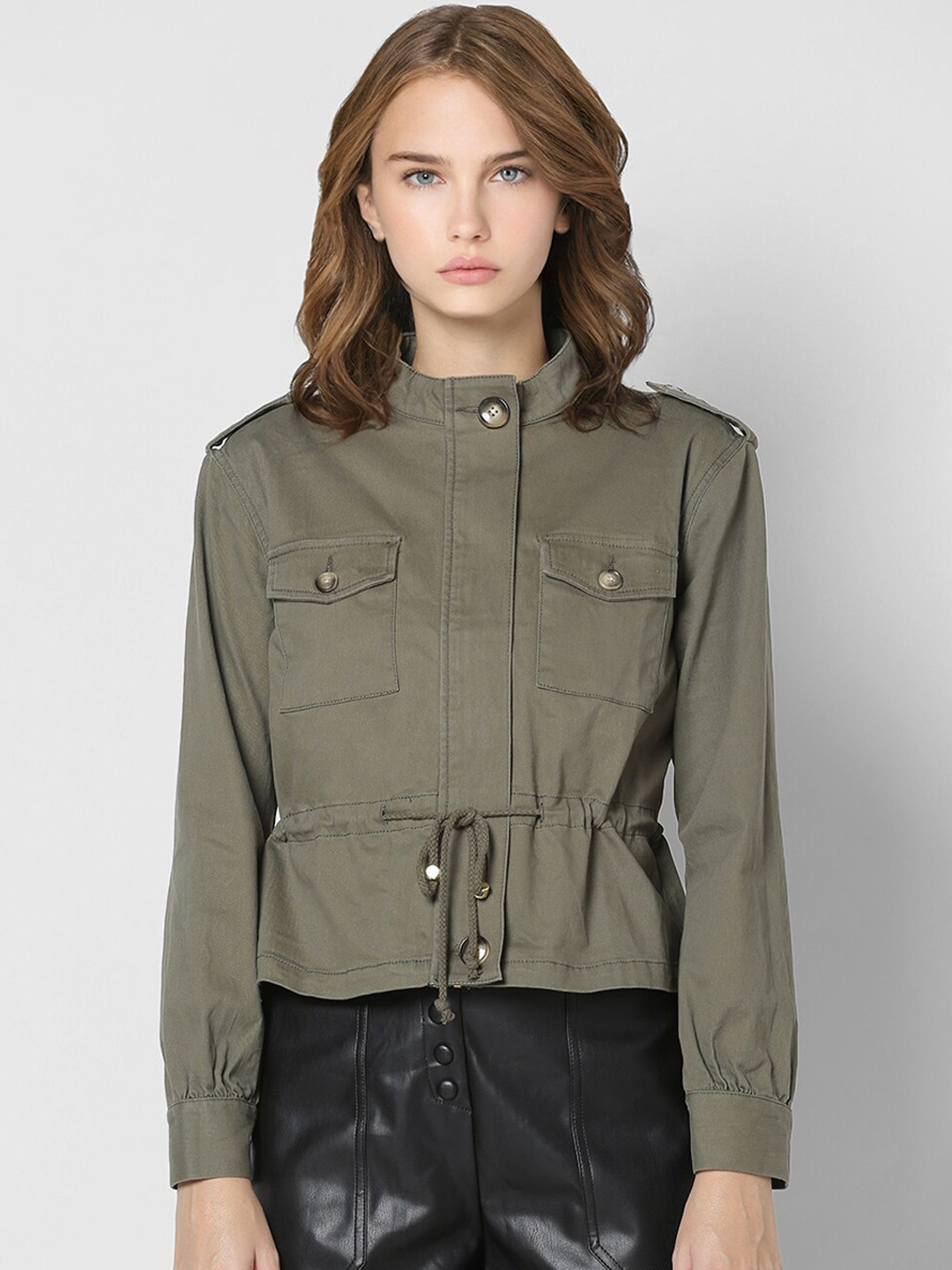 Buy ONLY Women Olive Green Striped Crop Tailored Jacket Jackets for