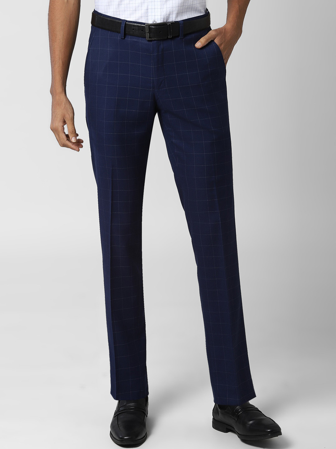 Buy Peter England Elite Men Navy Blue Checked Slim Fit Formal Trousers ...