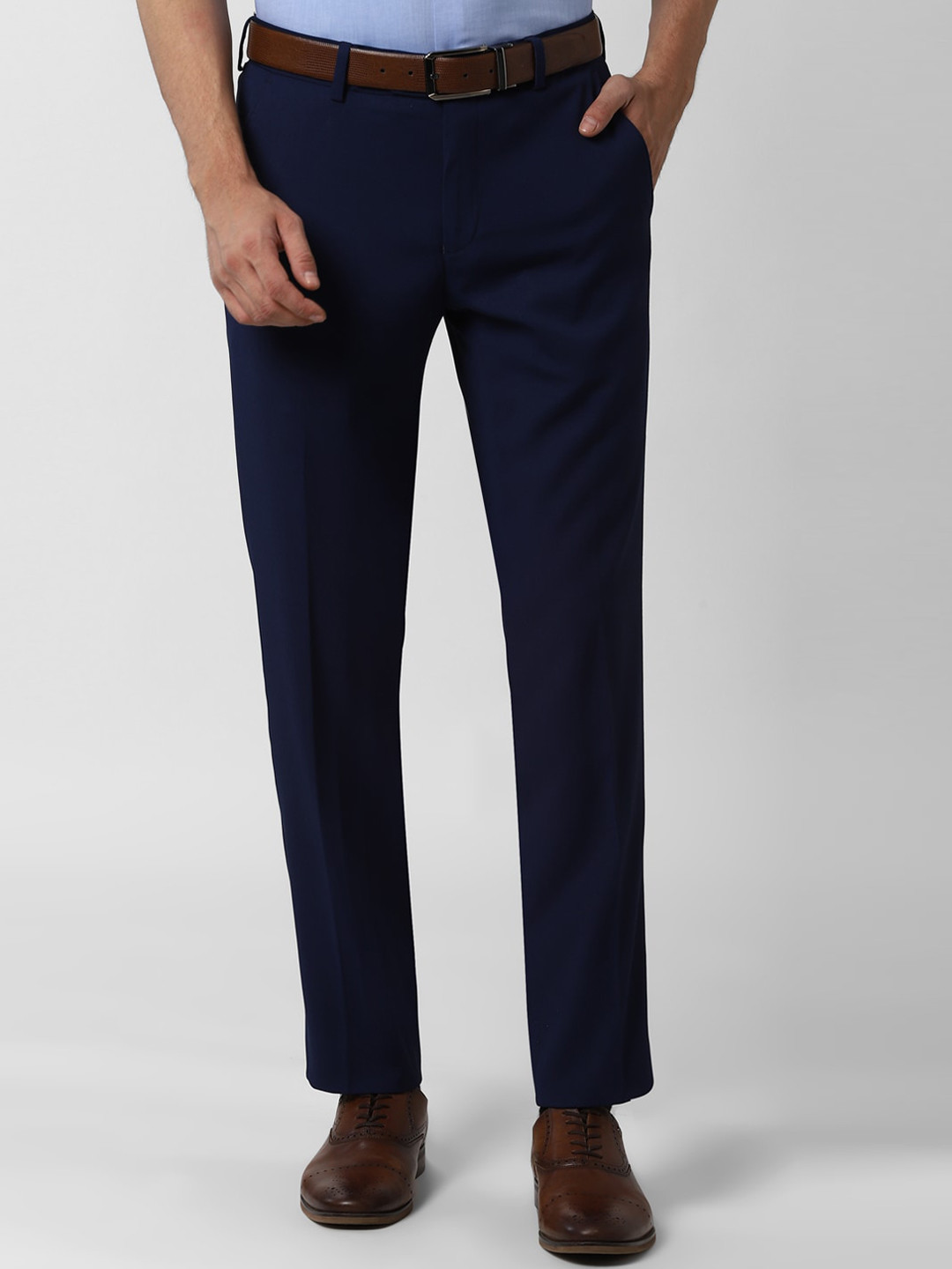 Buy Peter England Elite Men Navy Blue Solid Slim Fit Flat Front Formal ...