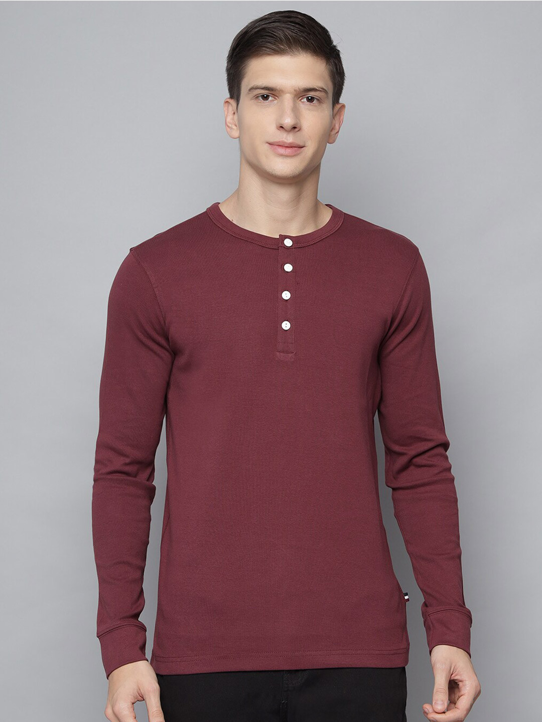 Buy LINDBERGH Men Burgundy Henley Neck Pure Cotton T Shirt Tshirts