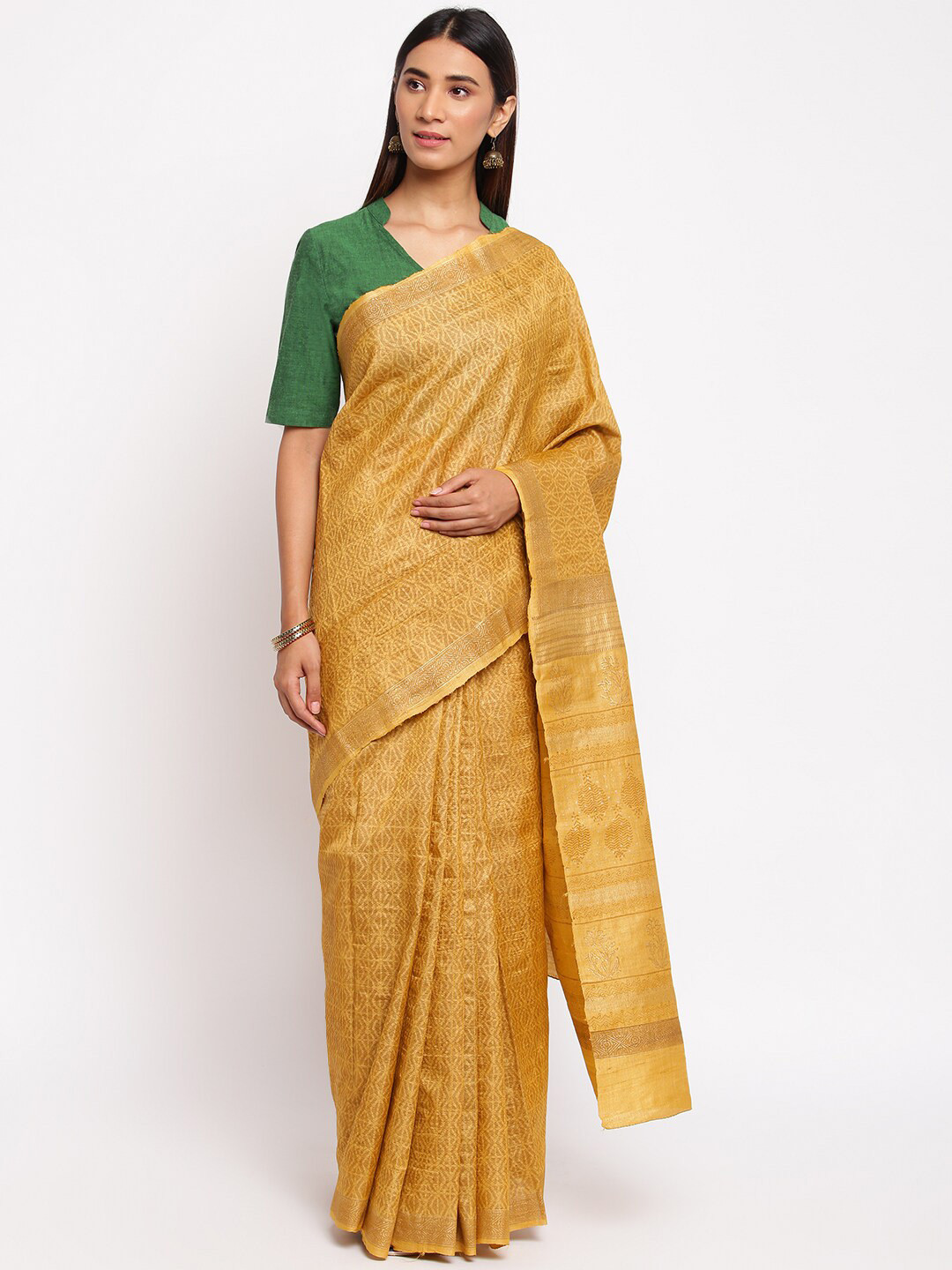 Pushpavali Mustard Block Print Saree