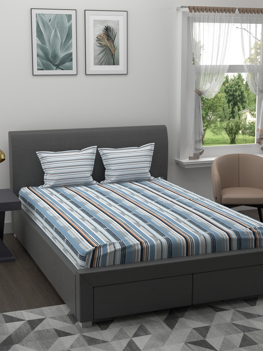 Buy Trident Blue & Grey Striped 120 TC Pure Cotton Double Queen