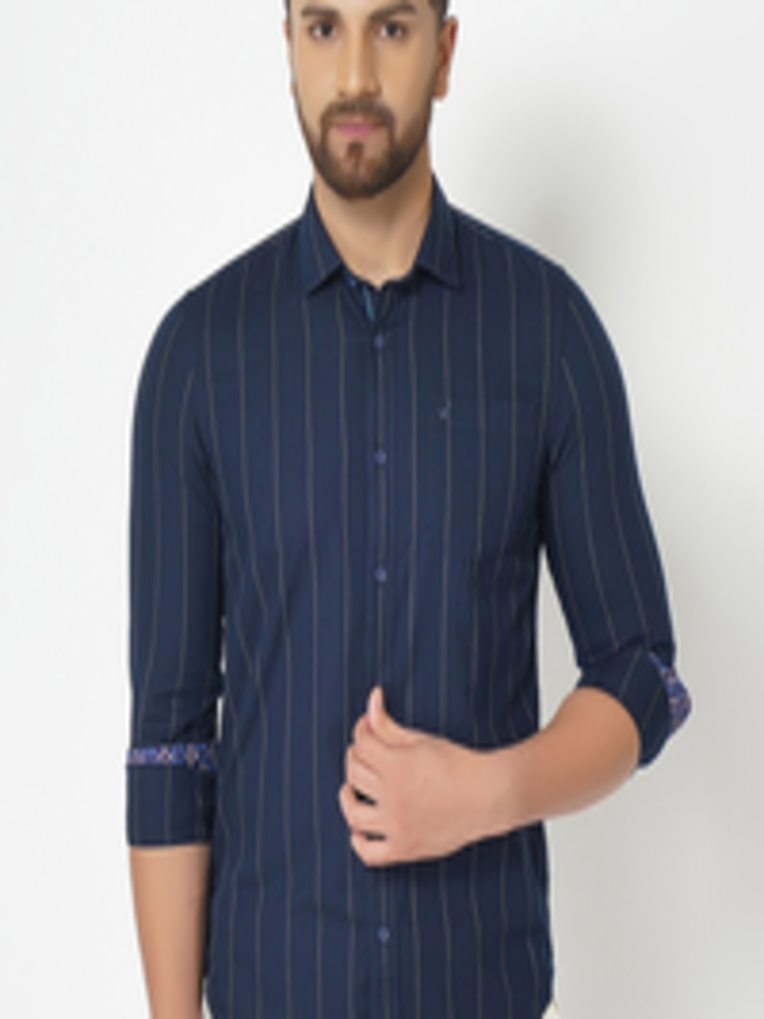 Buy Blackberrys Men Navy Blue Skinny Fit Opaque Striped Casual Shirt ...
