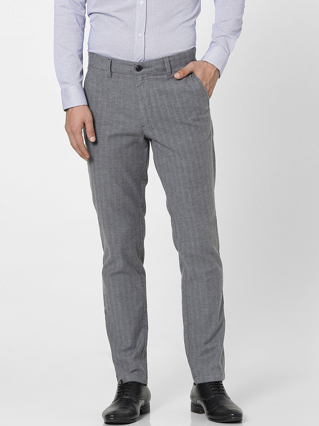 Buy Jack & Jones Men Grey Striped Formal Trousers Trousers for Men