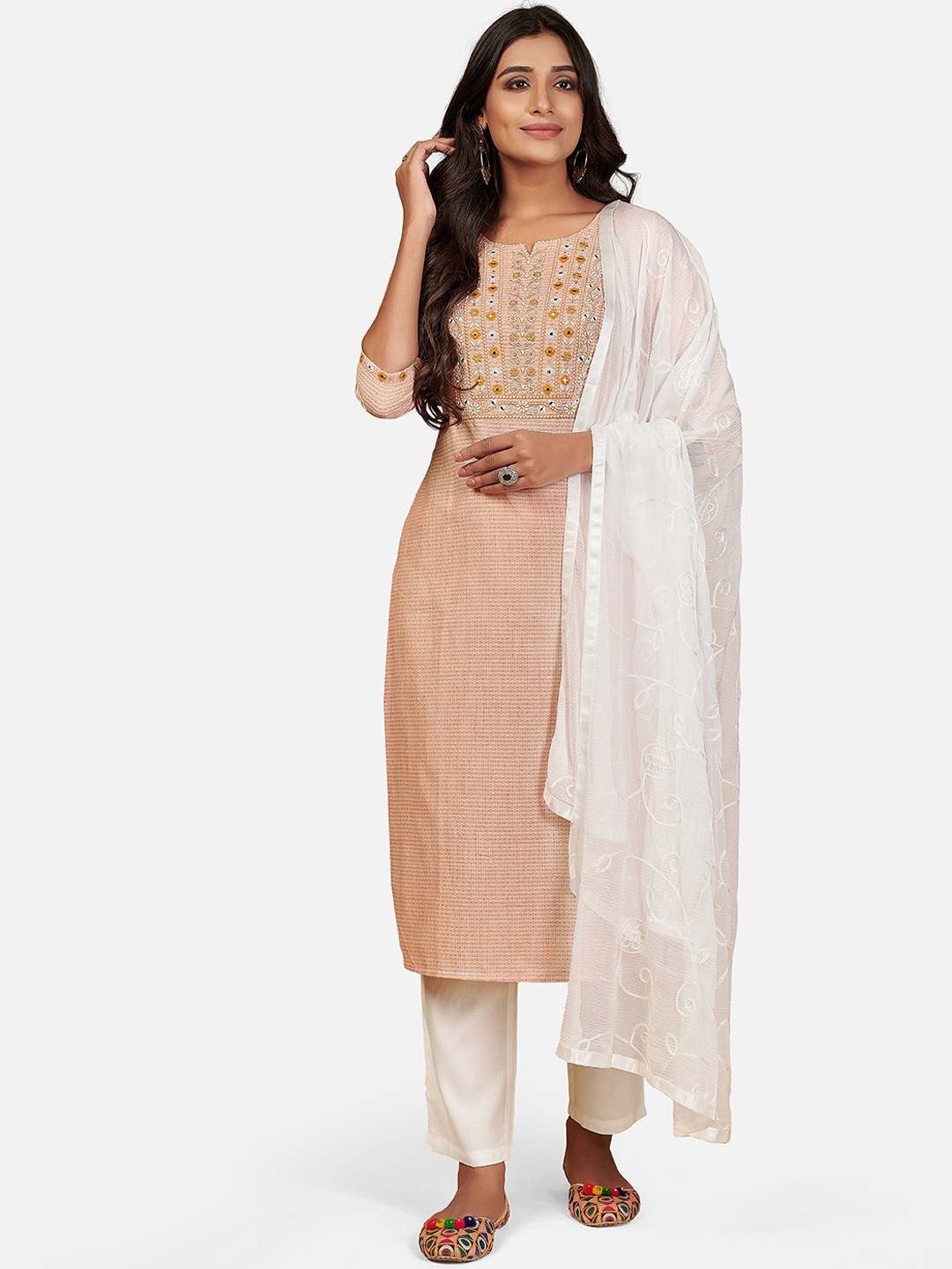 Bright Orange Embroidered Rayon Kurti Set with Taby Dupatta – Sizes S to 2XL