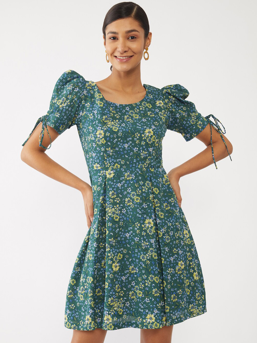 Buy Zink London Green & Yellow Floral Dress Dresses for Women