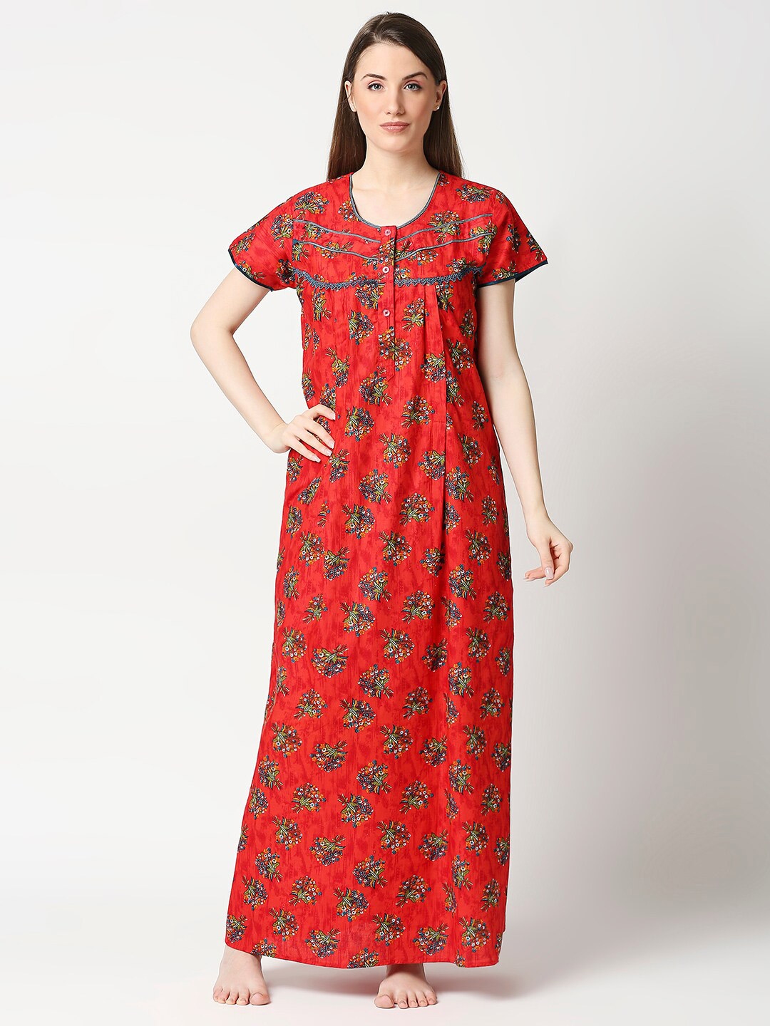 Buy AV2 Red Printed Pure Cotton Maxi Nightdress - Nightdress for Women ...