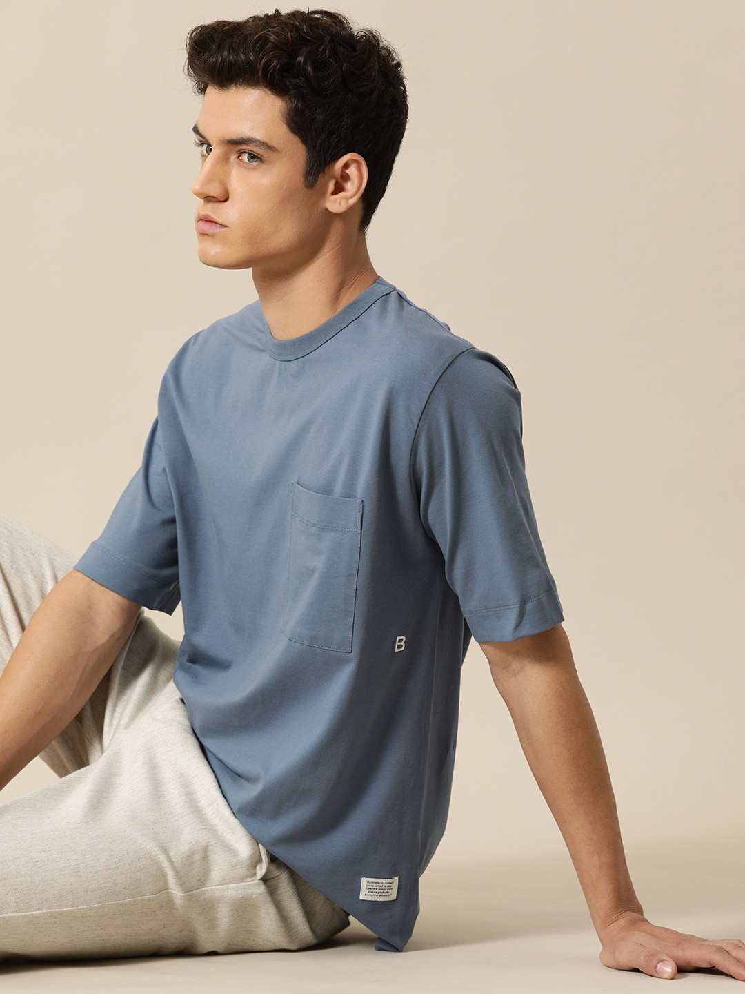 Men Embroidery Oversized Tee - Turquoise - SM2509157B