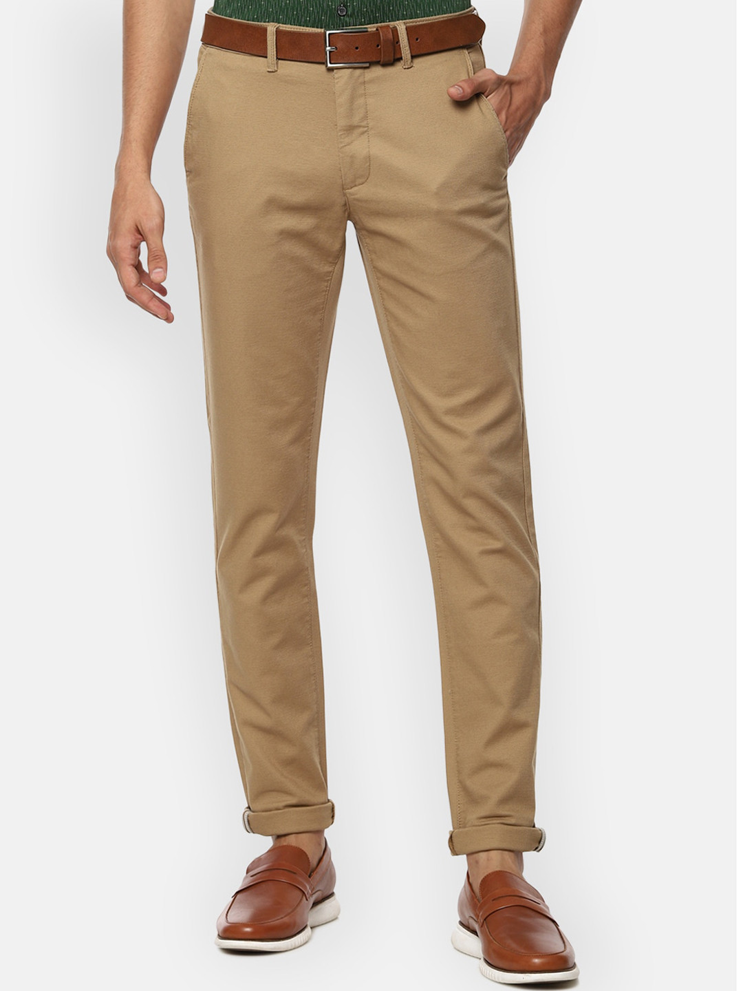 Buy Van Heusen Sport Men Khaki Textured Slim Fit Trousers Trousers