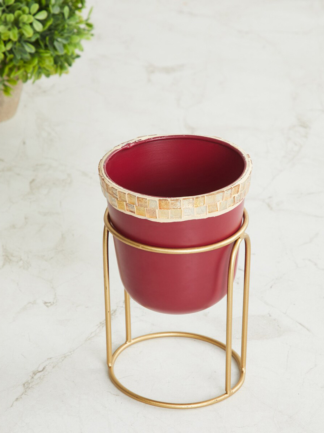 Buy Home Centre Red & Gold Toned Textured Mosaic Planter With Stand