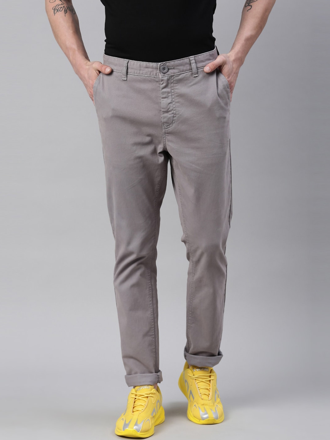 Buy Breakbounce Men Grey Slim Fit Chinos Trousers - Trousers for Men ...