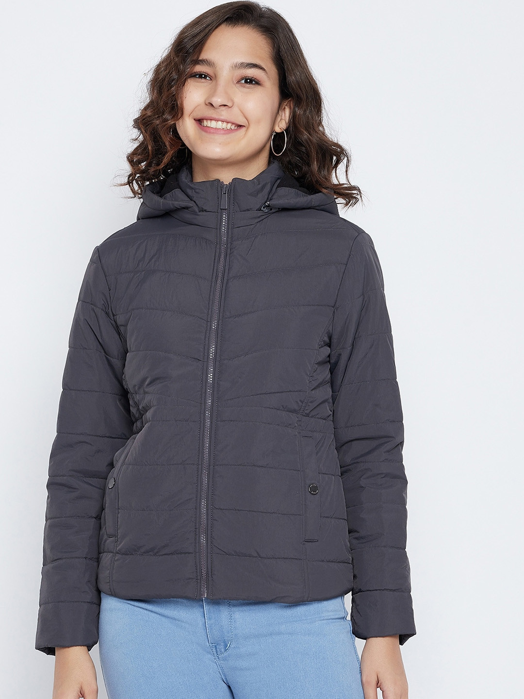 Buy Octave Women Grey Solid Puffer Hooded Jacket Jackets for Women