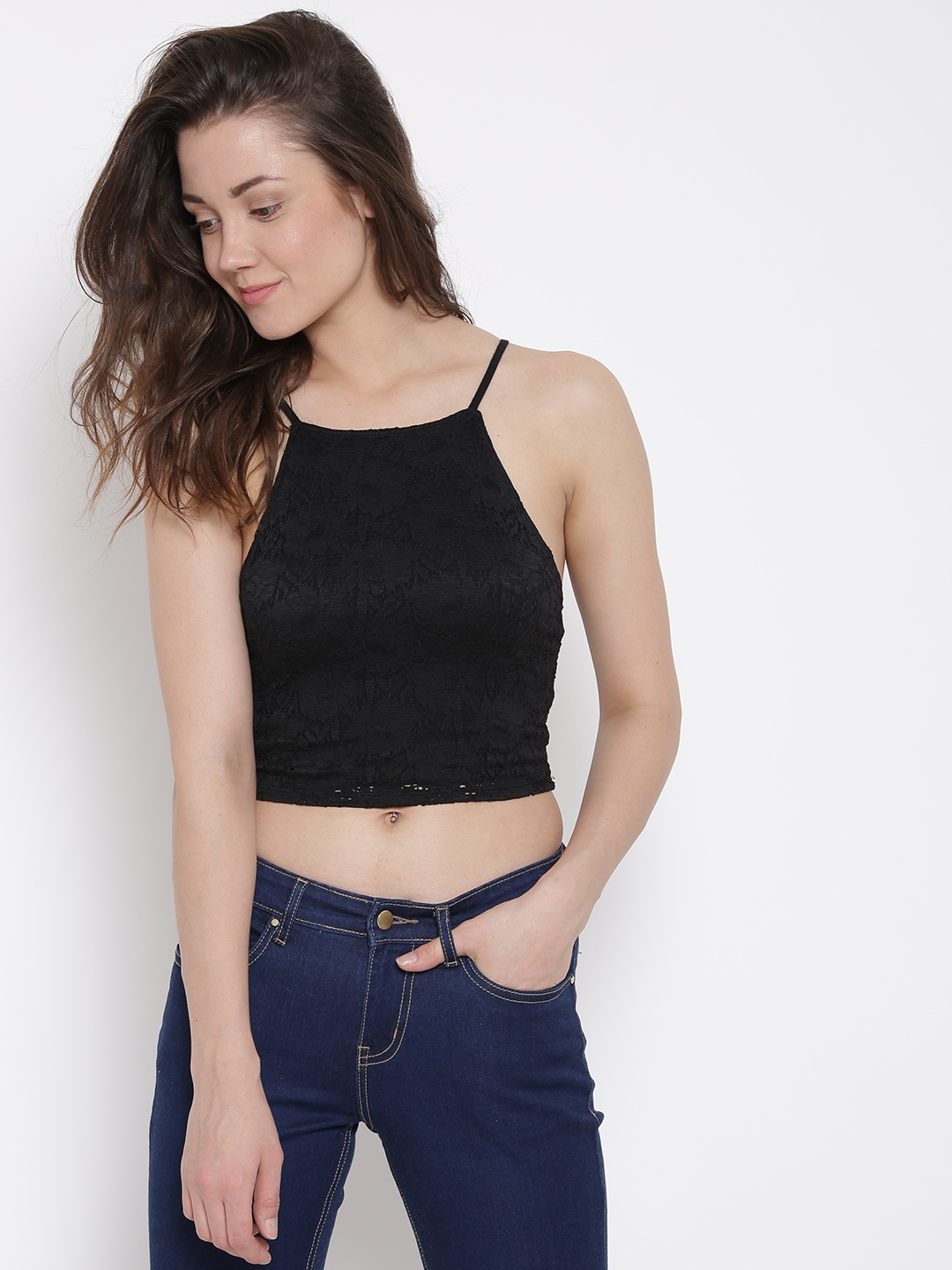 Buy FOREVER 21 Women Black Floral Lace Crop Top - Tops for Women ...