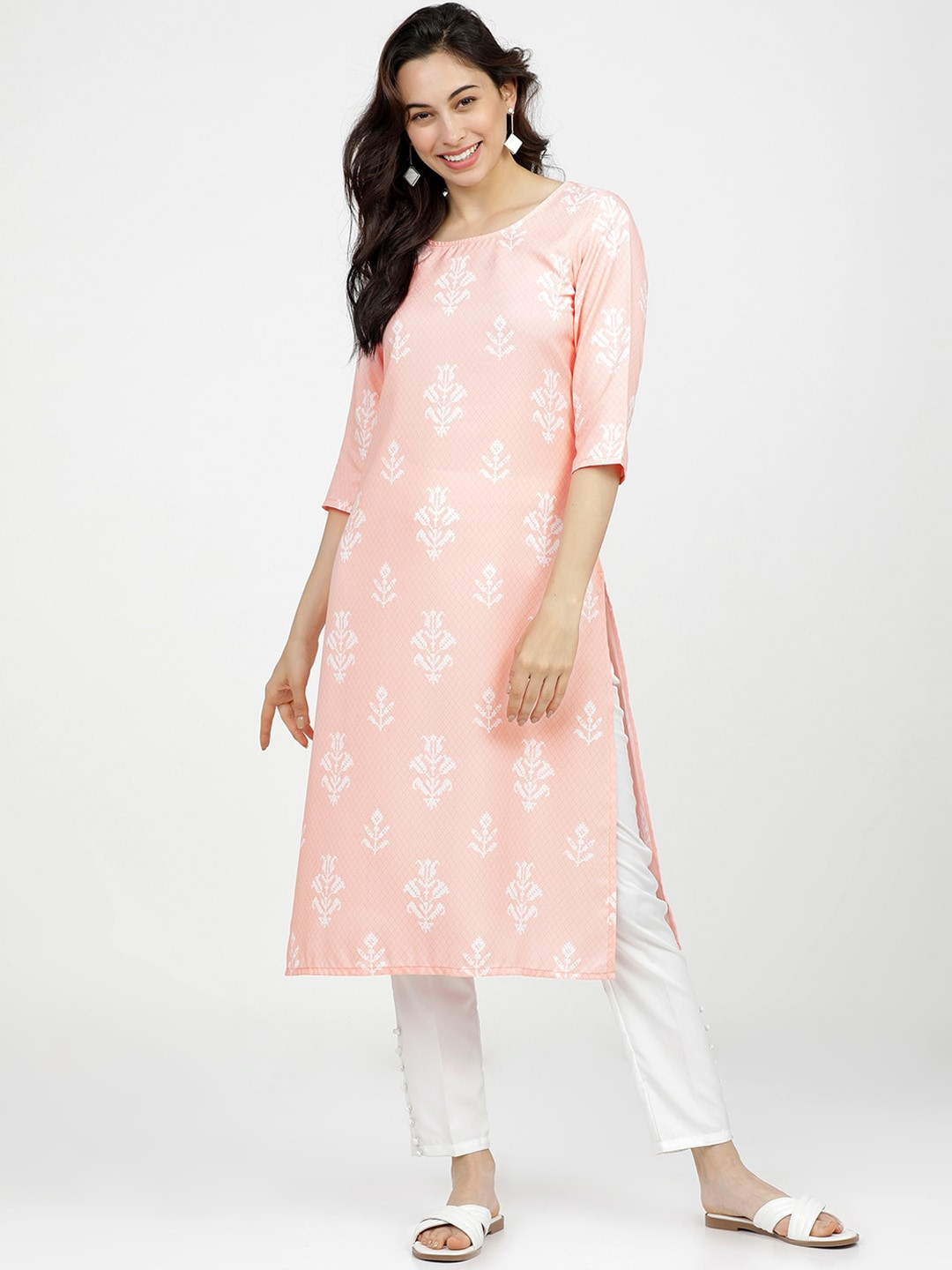 Peach-Coloured Ethnic Motifs Woven Design Kurta with Trousers