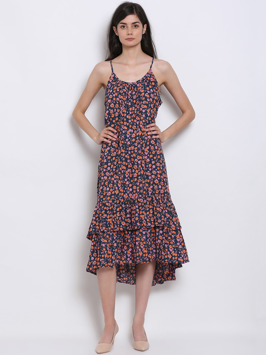 Buy NoBarr Navy Blue & Orange Floral Printed Midi Dress Dresses for