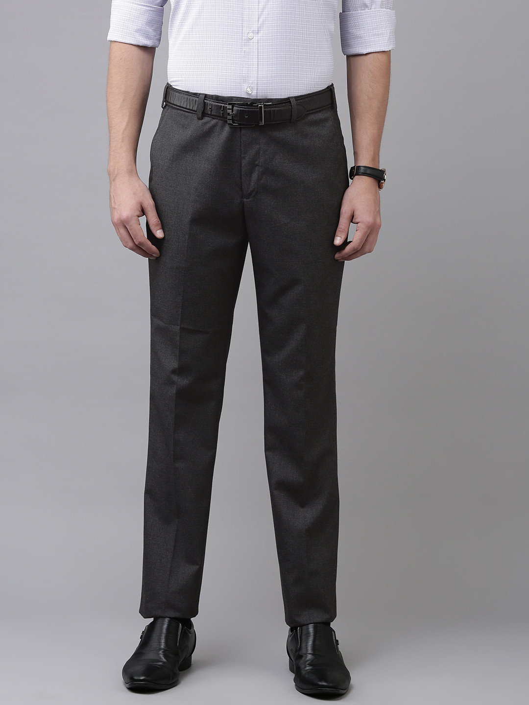 Buy Park Avenue Men Charcoal Grey Solid Smart Fit Mid Rise Formal ...