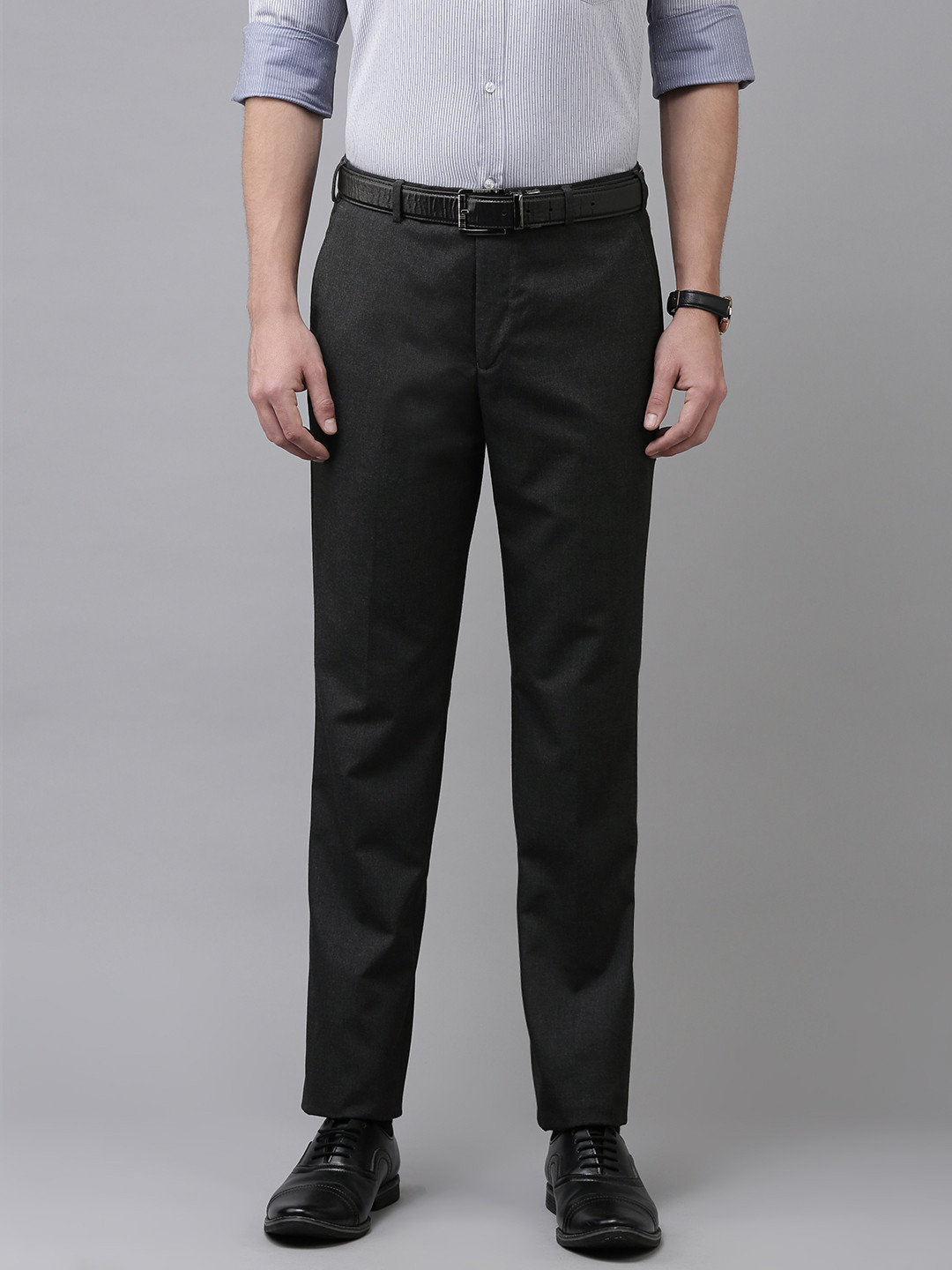Buy Park Avenue Men Charcoal Grey Solid Smart Fit Formal Trousers ...