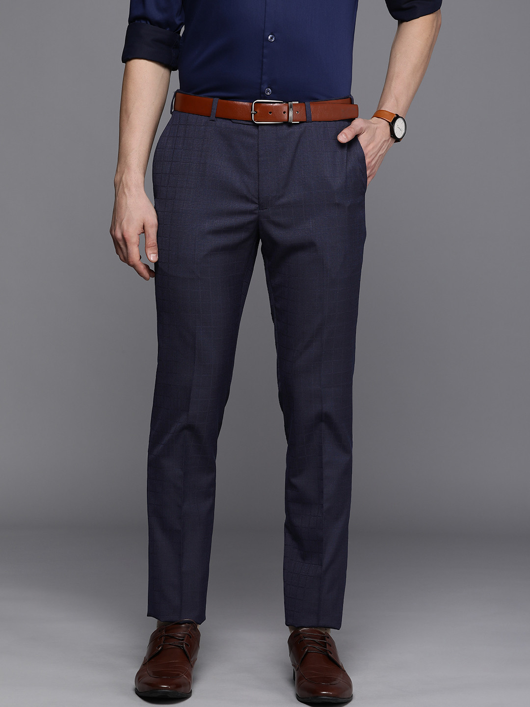 Buy Raymond Men Navy Blue Checked Basic Flat Front Slim Fit Formal ...