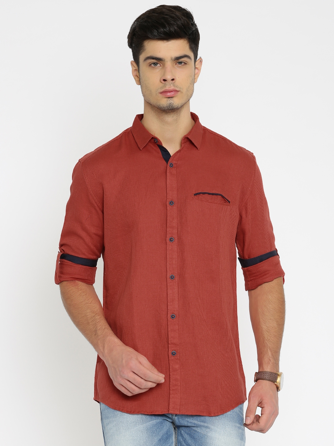 Buy British Club Men Rust Red Regular Fit Self Design Casual Shirt ...