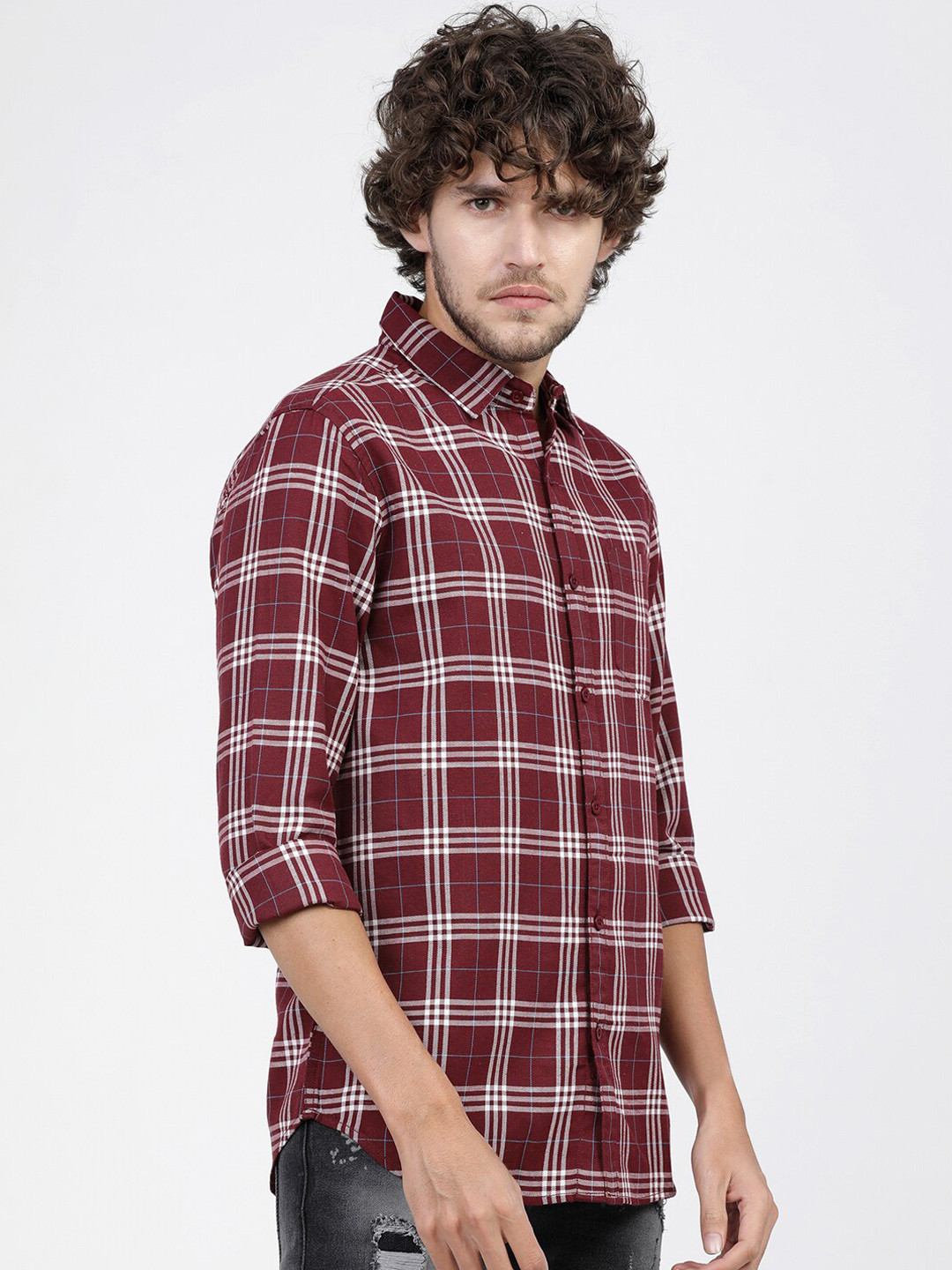 Men's Peach Standard Slim Fit Tartan Checks Corduroy Checked Casual Shirt
