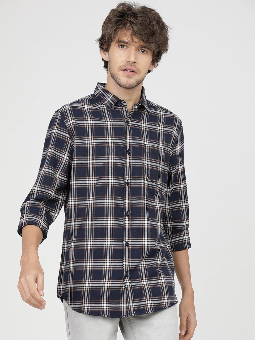 Men's Navy Blue Tartan Checks Comfort Slim Fit Cotton Casual Shirt