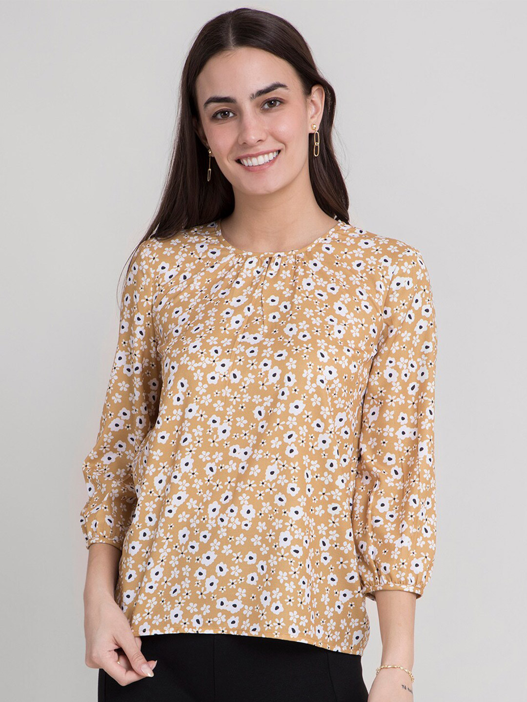 Buy FableStreet Mustard Yellow & White Floral Printed Regular Top