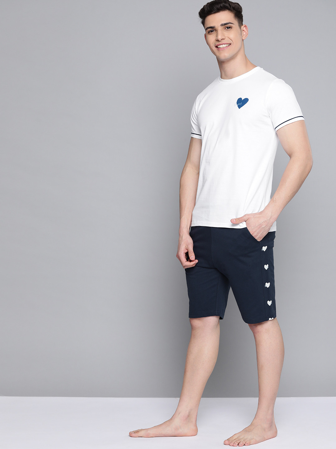 Buy Mast & Harbour Men White & Navy Blue Solid Pure Cotton Shorts Set