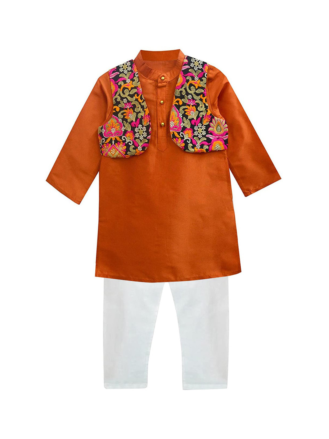 Embroidered Panel Orange Silk Kurta with White Pyjama Set for Boys main image 1