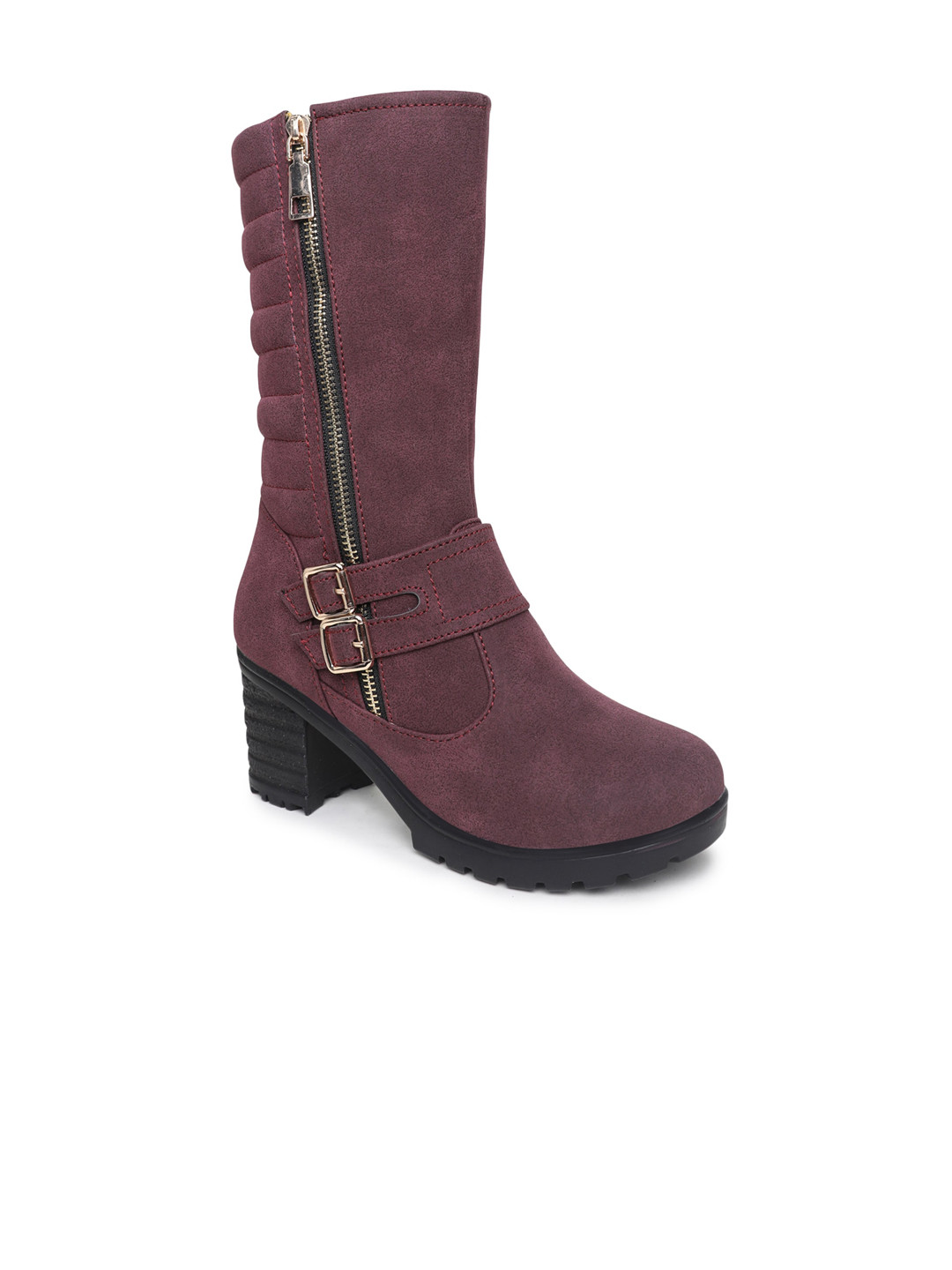 Buy VALIOSAA Maroon High Top Block Heeled Boots With Buckles Boots
