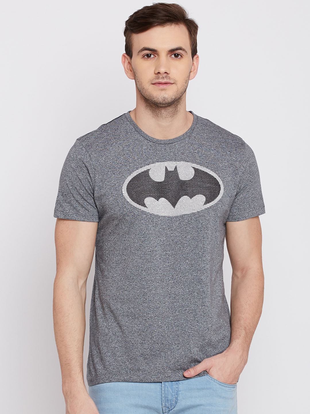 Buy Free Authority Men Grey Melange Batman Printed Round Neck T Shirt ...